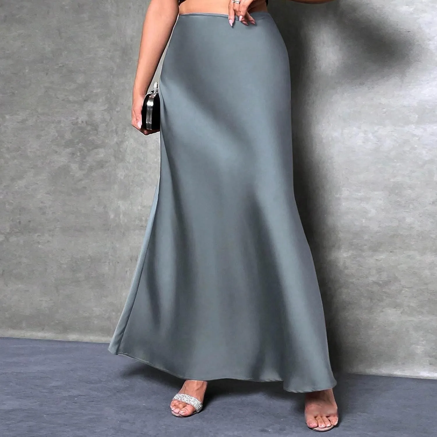 Maxi Skirts for Women Summer Trendy Soft Solid A Line Long Skirt with Zipper Flowy Satin Skirt Casual Dressy Work