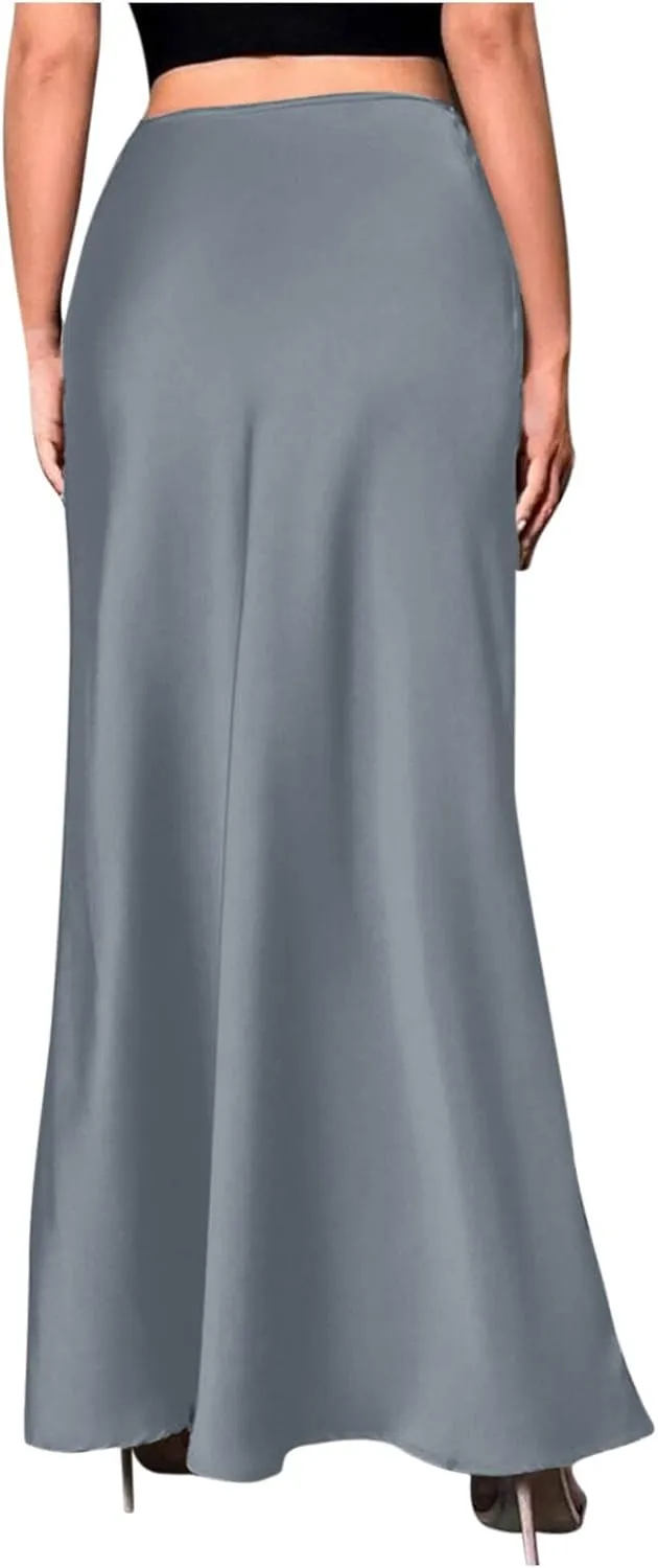 Maxi Skirts for Women Summer Trendy Soft Solid A Line Long Skirt with Zipper Flowy Satin Skirt Casual Dressy Work