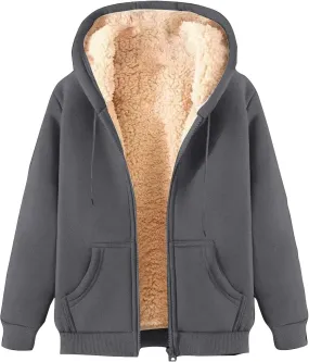 Men Sherpa Fleece Lined Jacket Unisex Women Thick Zip Up Hoodie Sweatshirt with Pockets Soft Warm Winter Coats