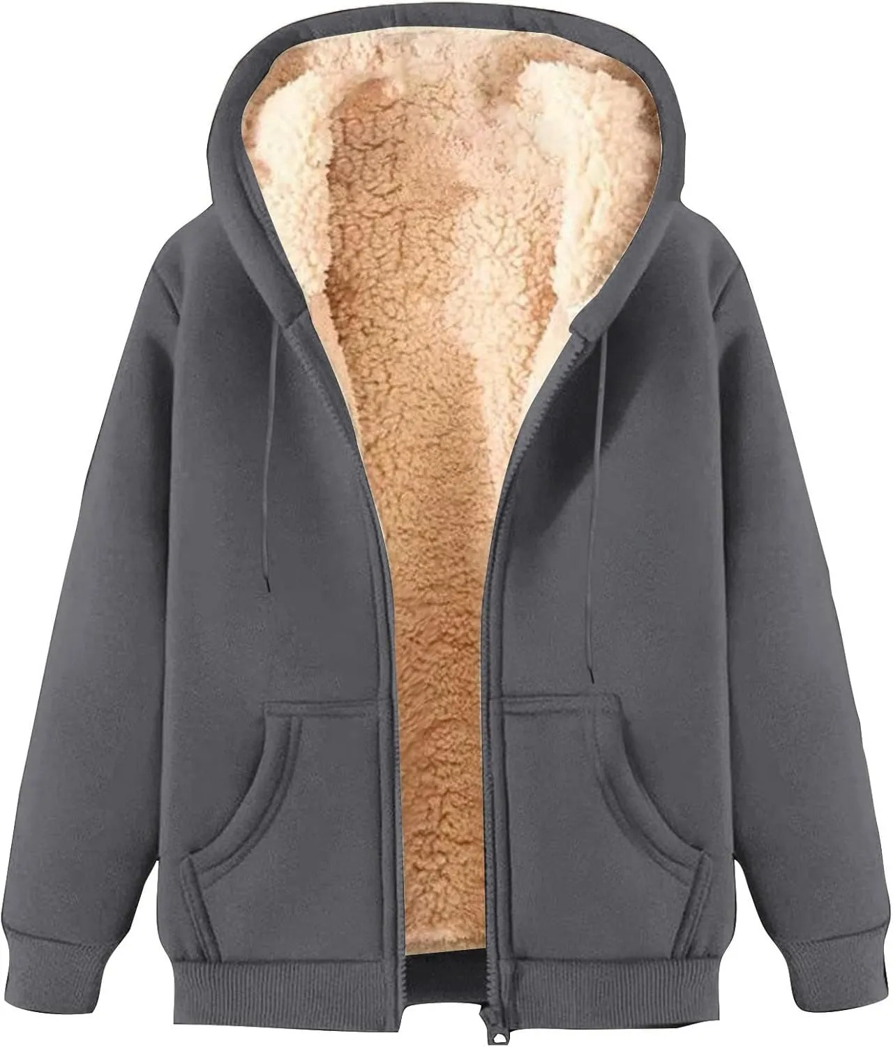 Men Sherpa Fleece Lined Jacket Unisex Women Thick Zip Up Hoodie Sweatshirt with Pockets Soft Warm Winter Coats