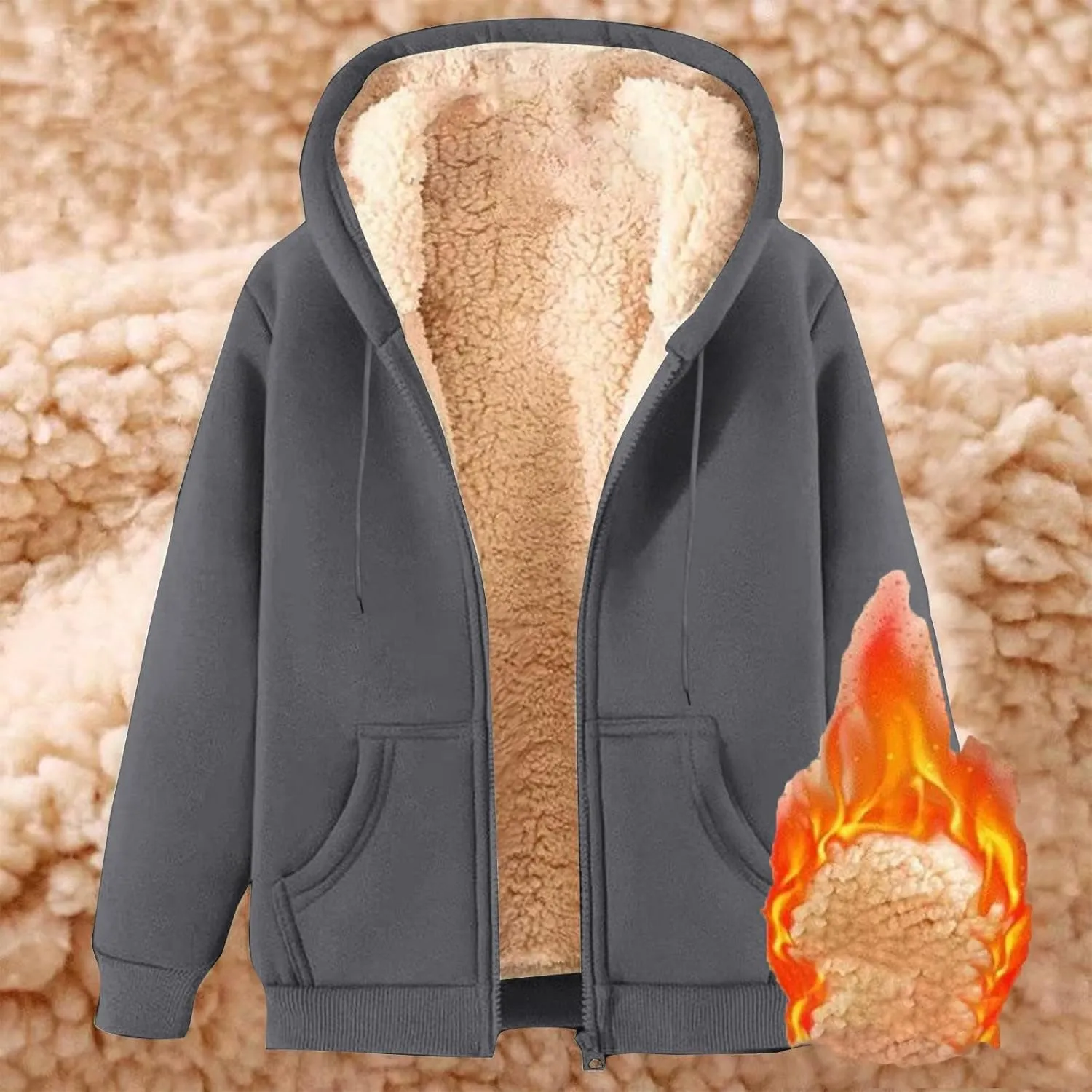 Men Sherpa Fleece Lined Jacket Unisex Women Thick Zip Up Hoodie Sweatshirt with Pockets Soft Warm Winter Coats