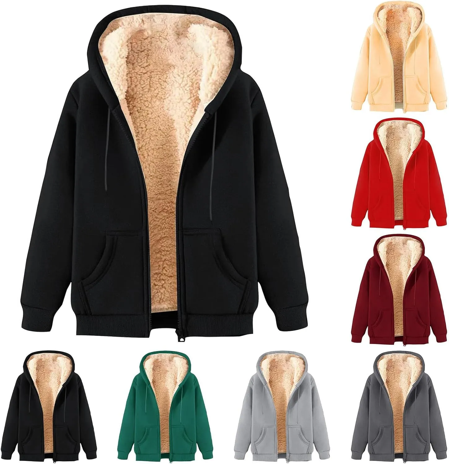Men Sherpa Fleece Lined Jacket Unisex Women Thick Zip Up Hoodie Sweatshirt with Pockets Soft Warm Winter Coats