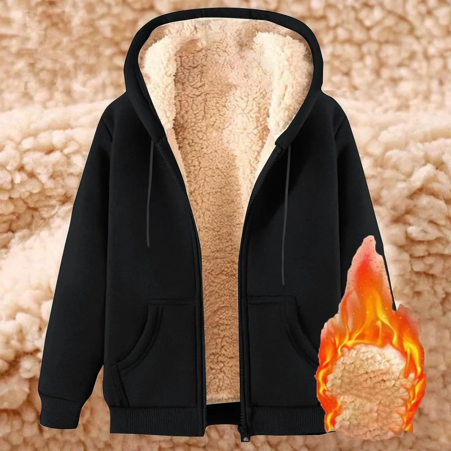 Men Sherpa Fleece Lined Jacket Unisex Women Thick Zip Up Hoodie Sweatshirt with Pockets Soft Warm Winter Coats