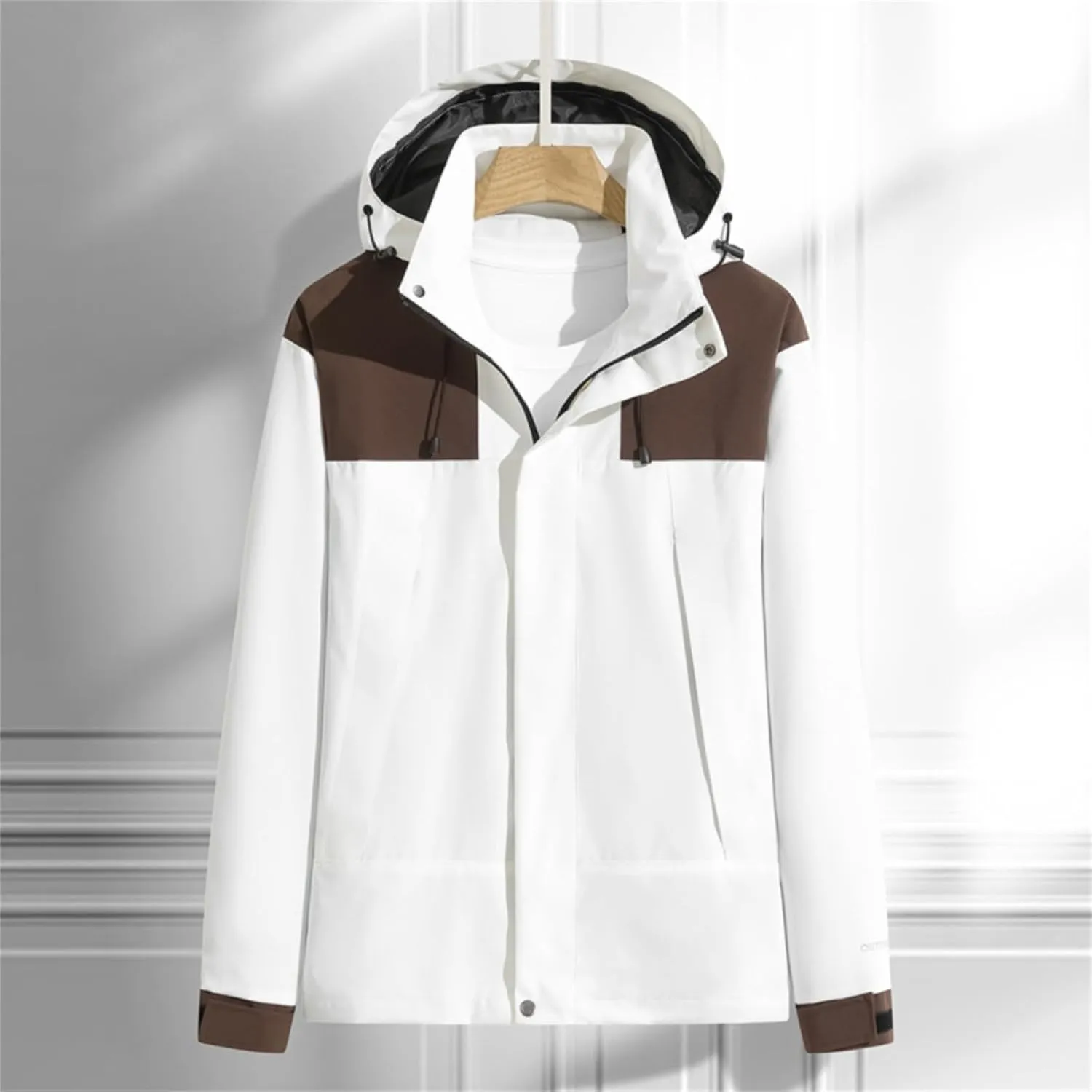 Men's Waterproof Soft Shell Jacket with Hooded Color Block Fishing Raincoat Hiking Jackets Lightweight Windbreaker