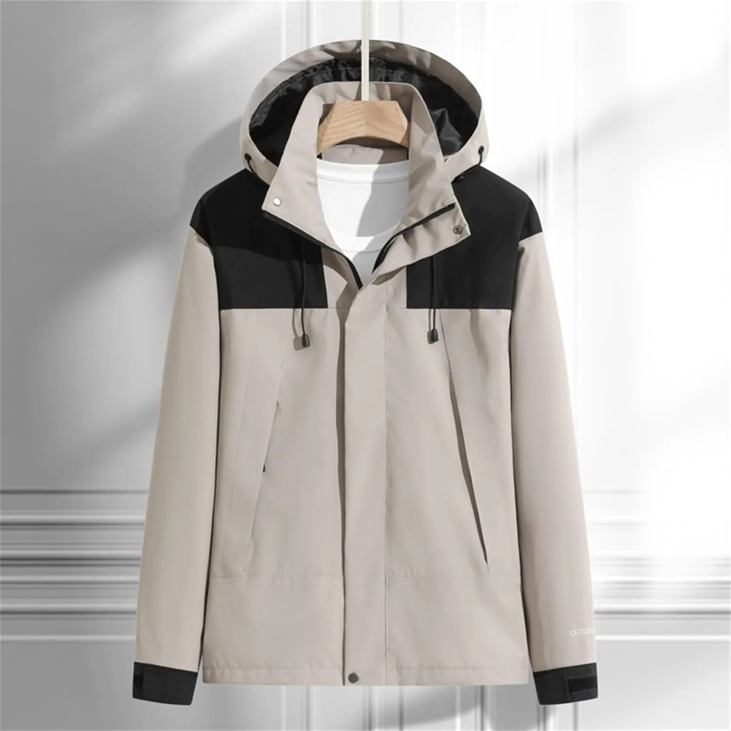 Men's Waterproof Soft Shell Jacket with Hooded Color Block Fishing Raincoat Hiking Jackets Lightweight Windbreaker