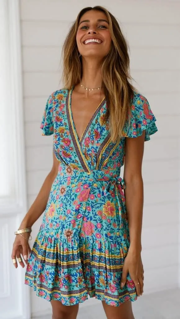 Mmoneyake Women Boho Mini Dress Short Sleeve Casual Dresses Floral Print Ruffle Dress V Neck Wrap Belted A Line Beach Dress
