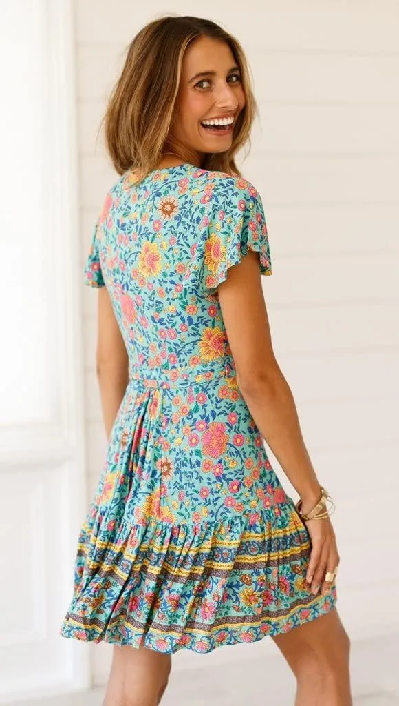 Mmoneyake Women Boho Mini Dress Short Sleeve Casual Dresses Floral Print Ruffle Dress V Neck Wrap Belted A Line Beach Dress