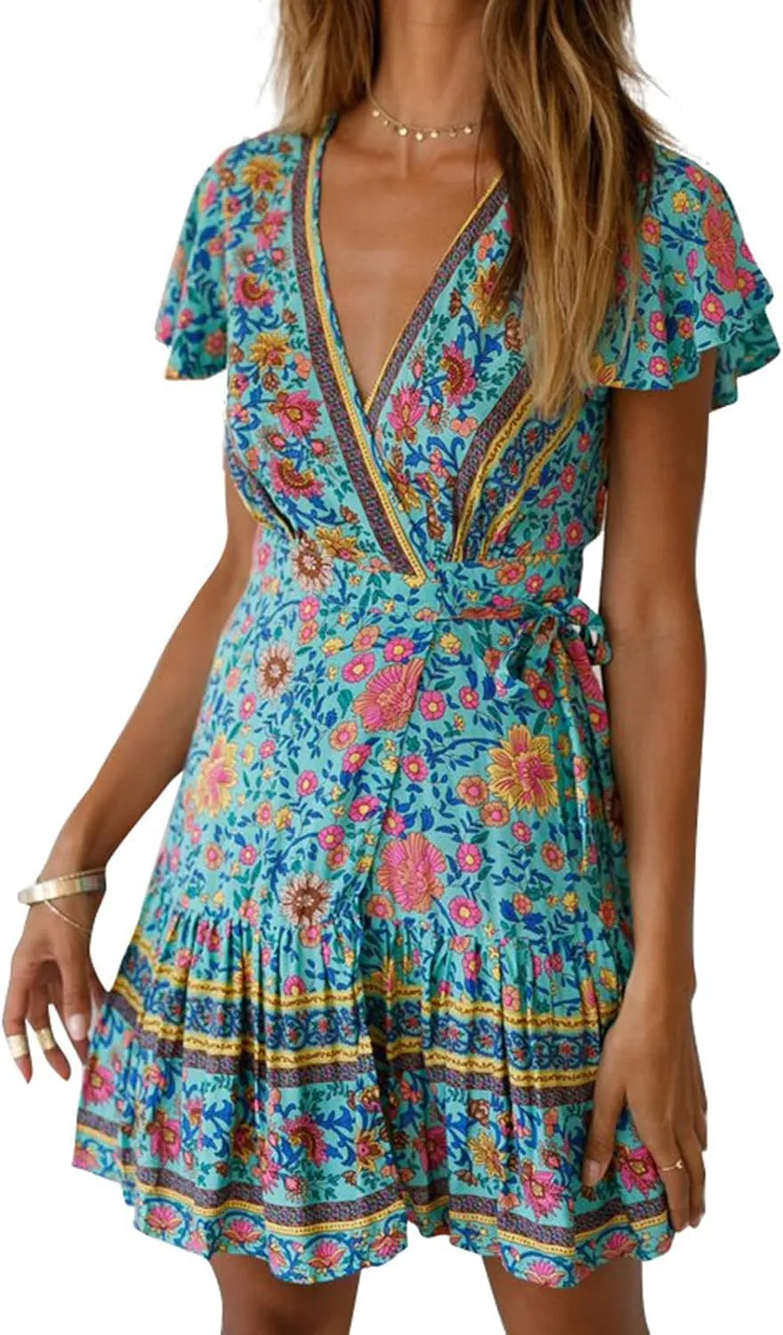 Mmoneyake Women Boho Mini Dress Short Sleeve Casual Dresses Floral Print Ruffle Dress V Neck Wrap Belted A Line Beach Dress