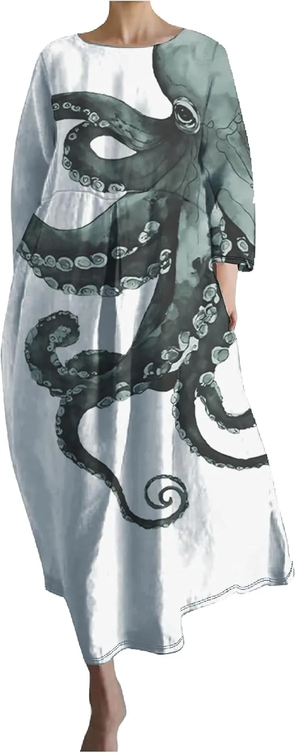 Octopus Summer Maxi Dress for Women Trendy Japanese Art Design Comfy Casual Crew Neck Sun Dresses
