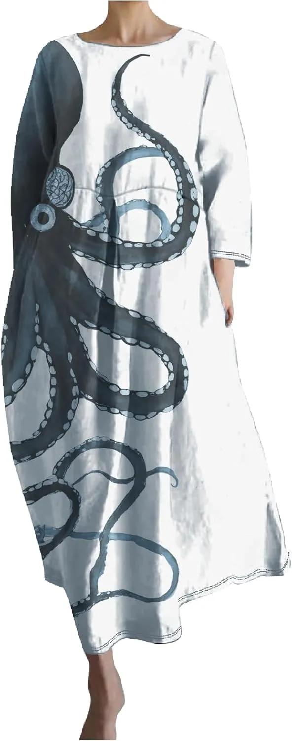 Octopus Summer Maxi Dress for Women Trendy Japanese Art Design Comfy Casual Crew Neck Sun Dresses