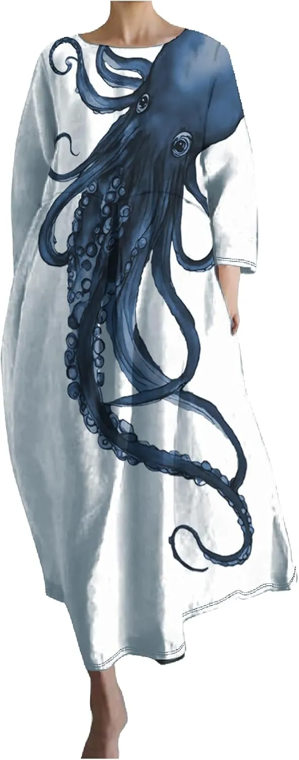 Octopus Summer Maxi Dress for Women Trendy Japanese Art Design Comfy Casual Crew Neck Sun Dresses