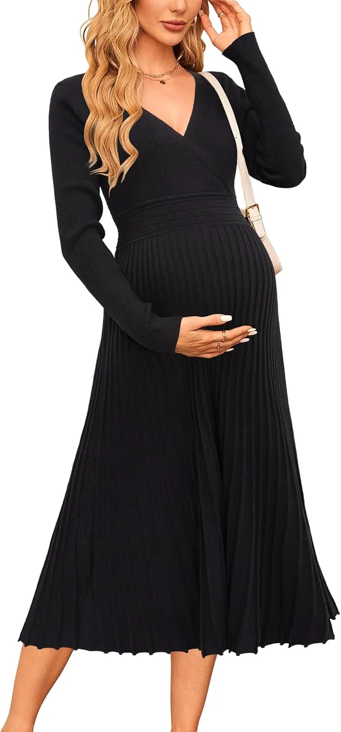 OUGES Womens 2024 Fall Maternity Dress Long Sleeve Wrap V Neck Pleated Midi Dress Casual Sweater Dress Trendy Outfits