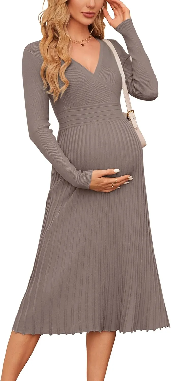 OUGES Womens 2024 Fall Maternity Dress Long Sleeve Wrap V Neck Pleated Midi Dress Casual Sweater Dress Trendy Outfits