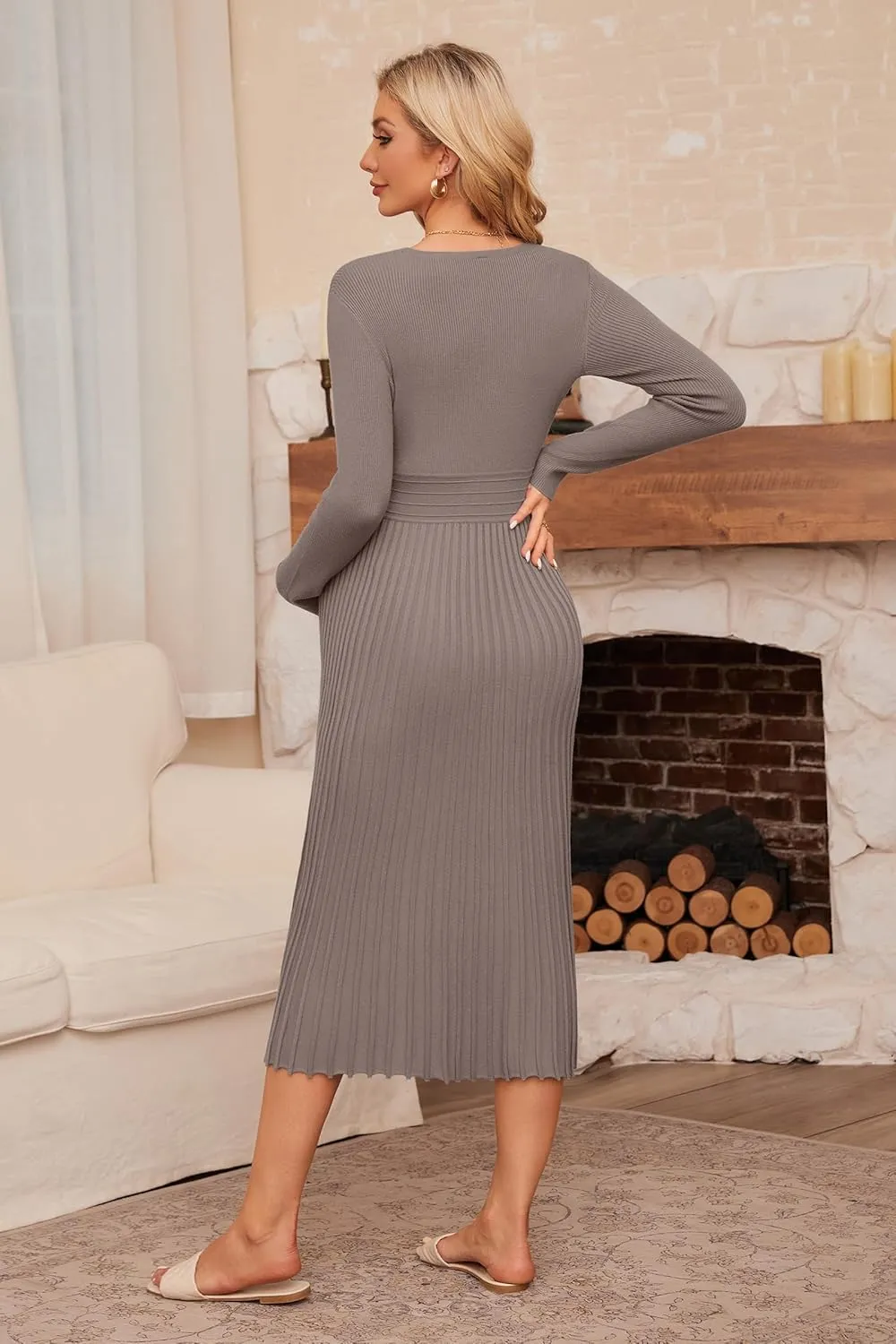OUGES Womens 2024 Fall Maternity Dress Long Sleeve Wrap V Neck Pleated Midi Dress Casual Sweater Dress Trendy Outfits