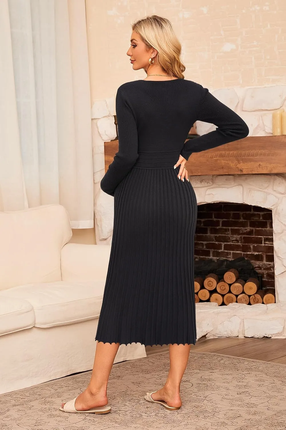 OUGES Womens 2024 Fall Maternity Dress Long Sleeve Wrap V Neck Pleated Midi Dress Casual Sweater Dress Trendy Outfits