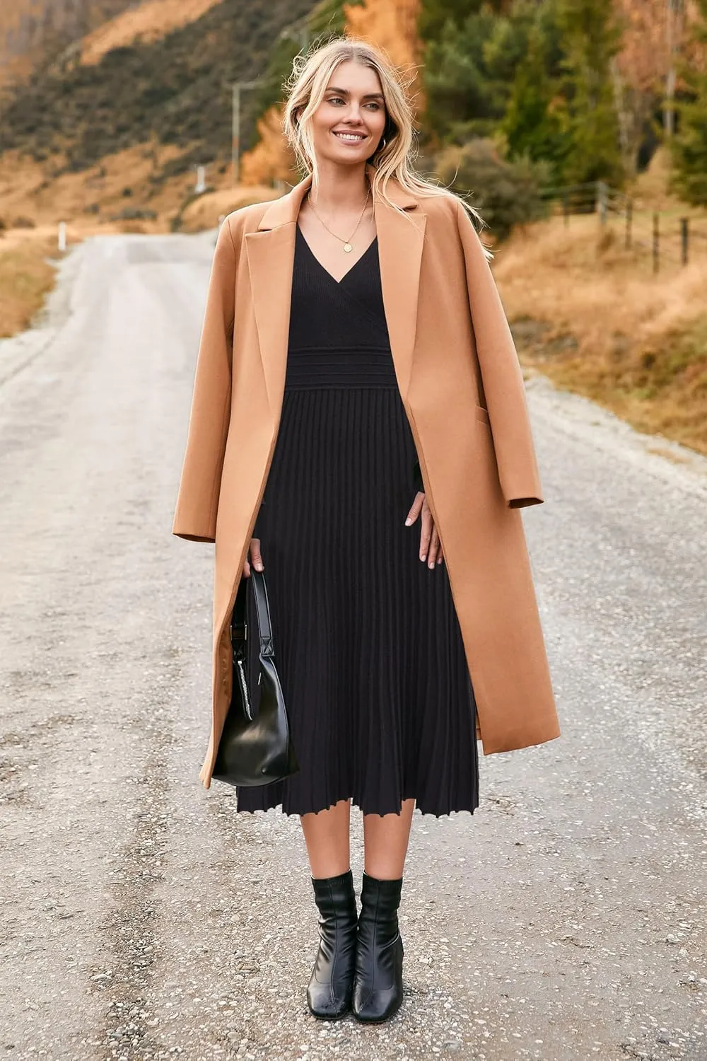 OUGES Womens 2024 Fall Maternity Dress Long Sleeve Wrap V Neck Pleated Midi Dress Casual Sweater Dress Trendy Outfits