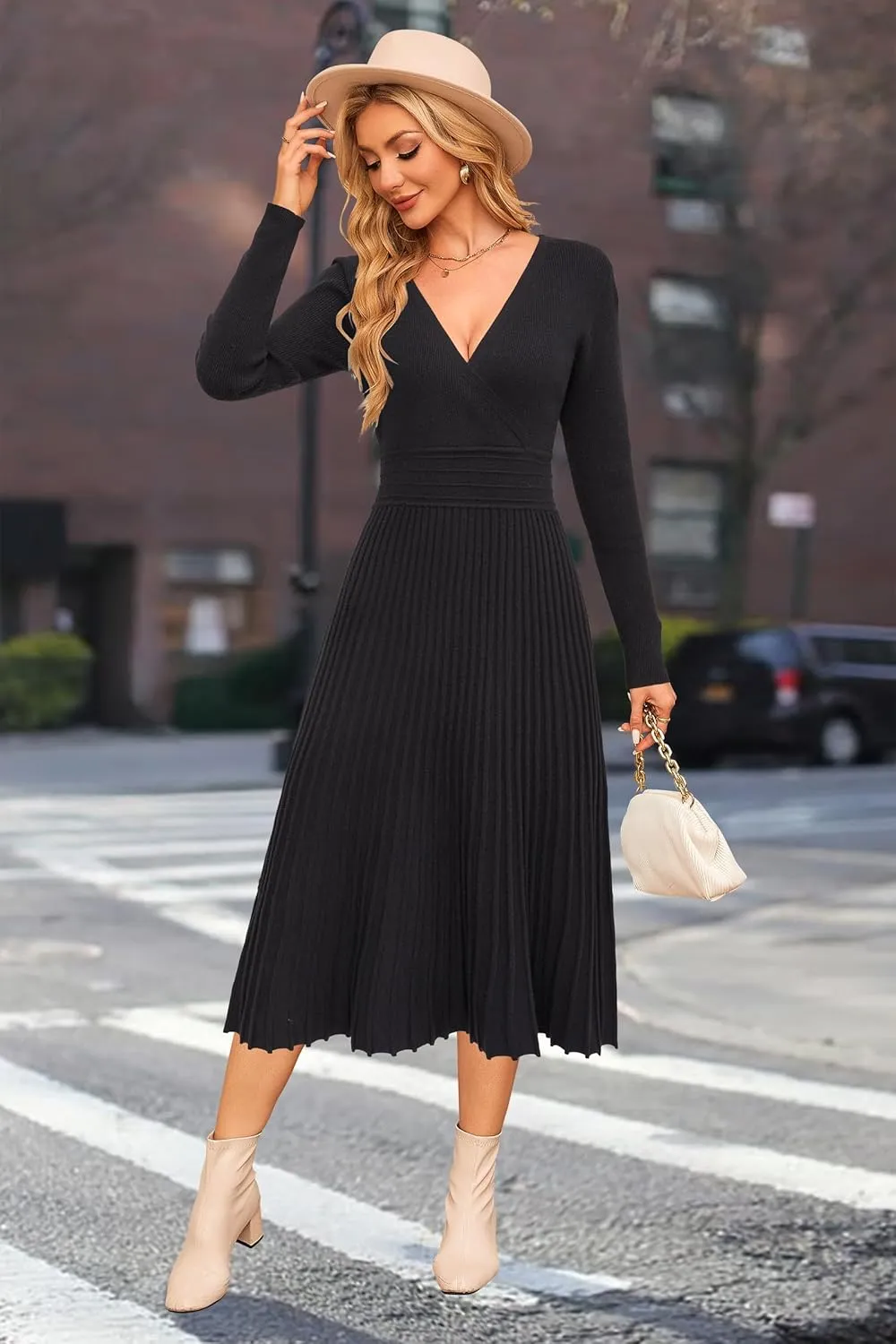 OUGES Womens 2024 Fall Maternity Dress Long Sleeve Wrap V Neck Pleated Midi Dress Casual Sweater Dress Trendy Outfits