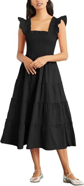 Rooscier Women's Square Neck Smocked Ruffle Sleeveless Sundress Tiered A Line Midi Dress