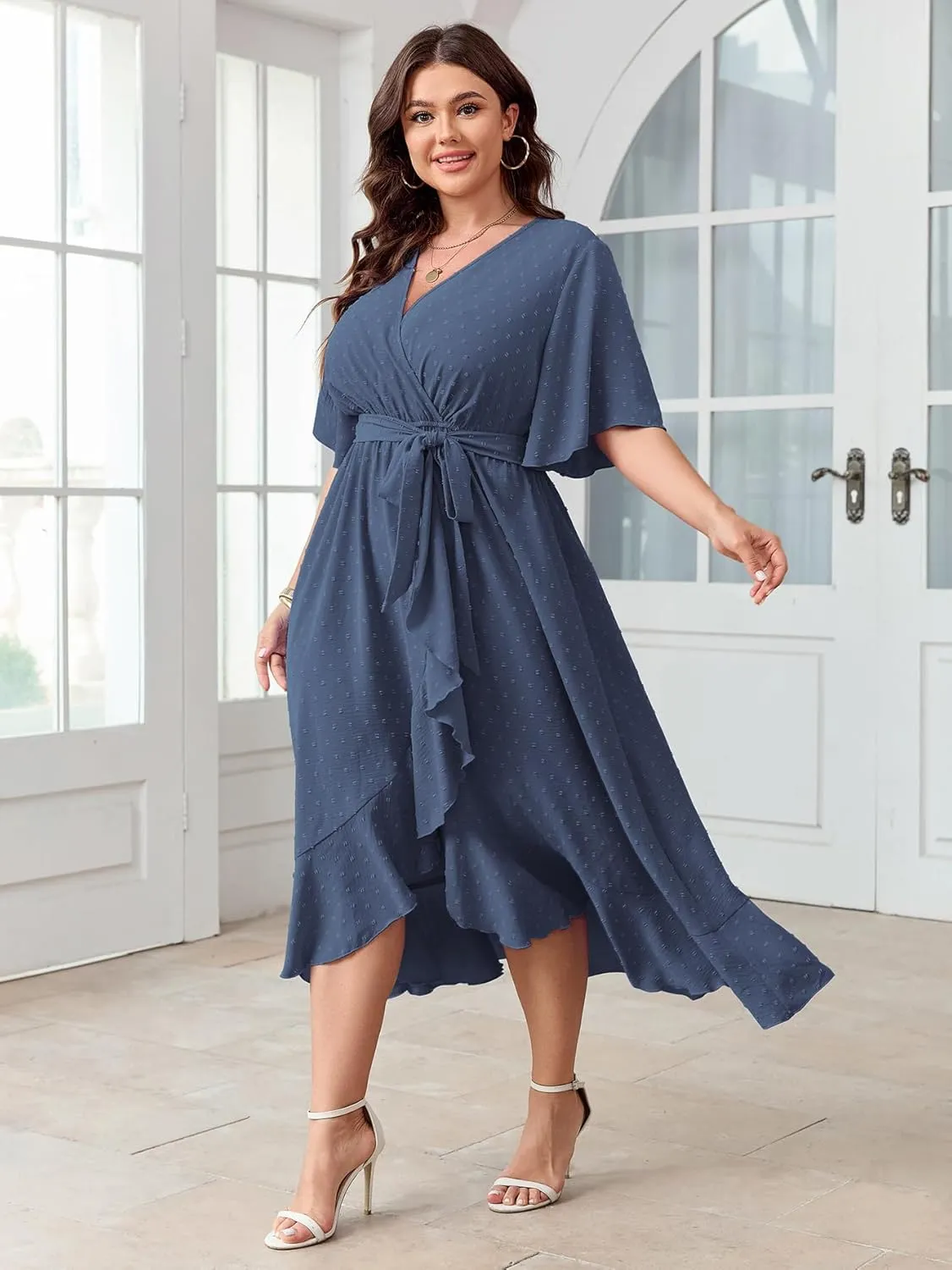 SCOMCHIC Women's Plus Size Summer Dresses Short Sleeve Wrap V Neck Swiss Dot Boho High Low Split Ruffle Maxi Dress