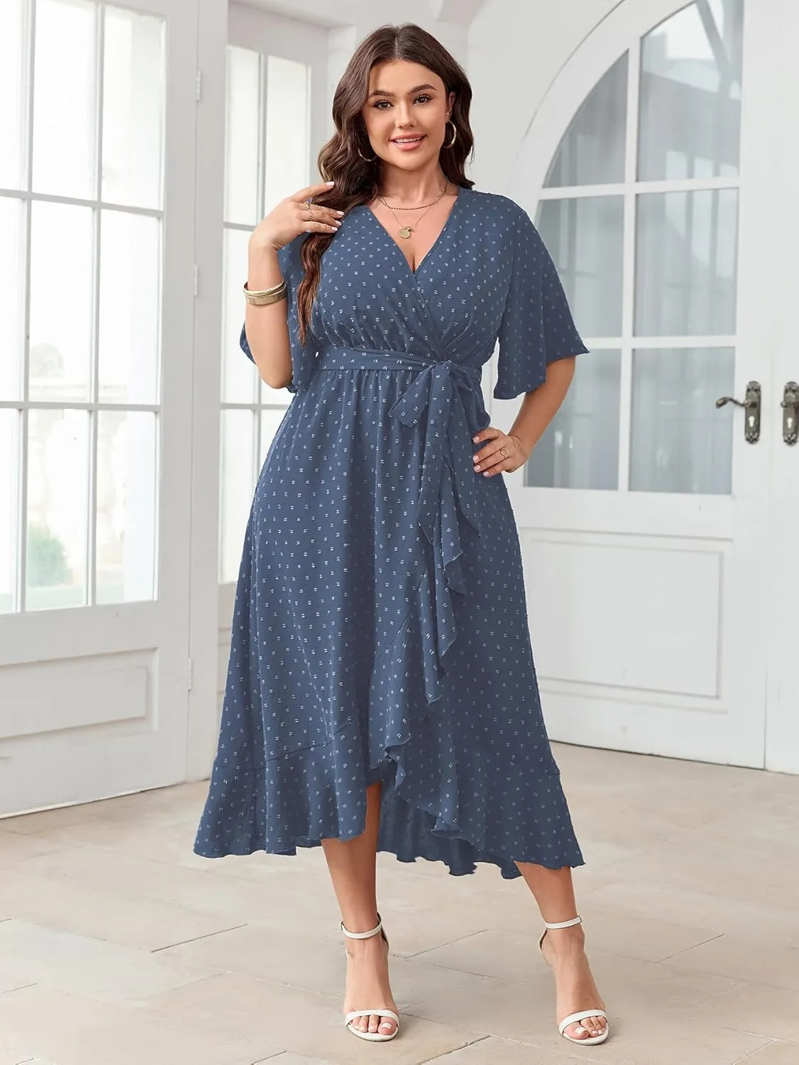 SCOMCHIC Women's Plus Size Summer Dresses Short Sleeve Wrap V Neck Swiss Dot Boho High Low Split Ruffle Maxi Dress