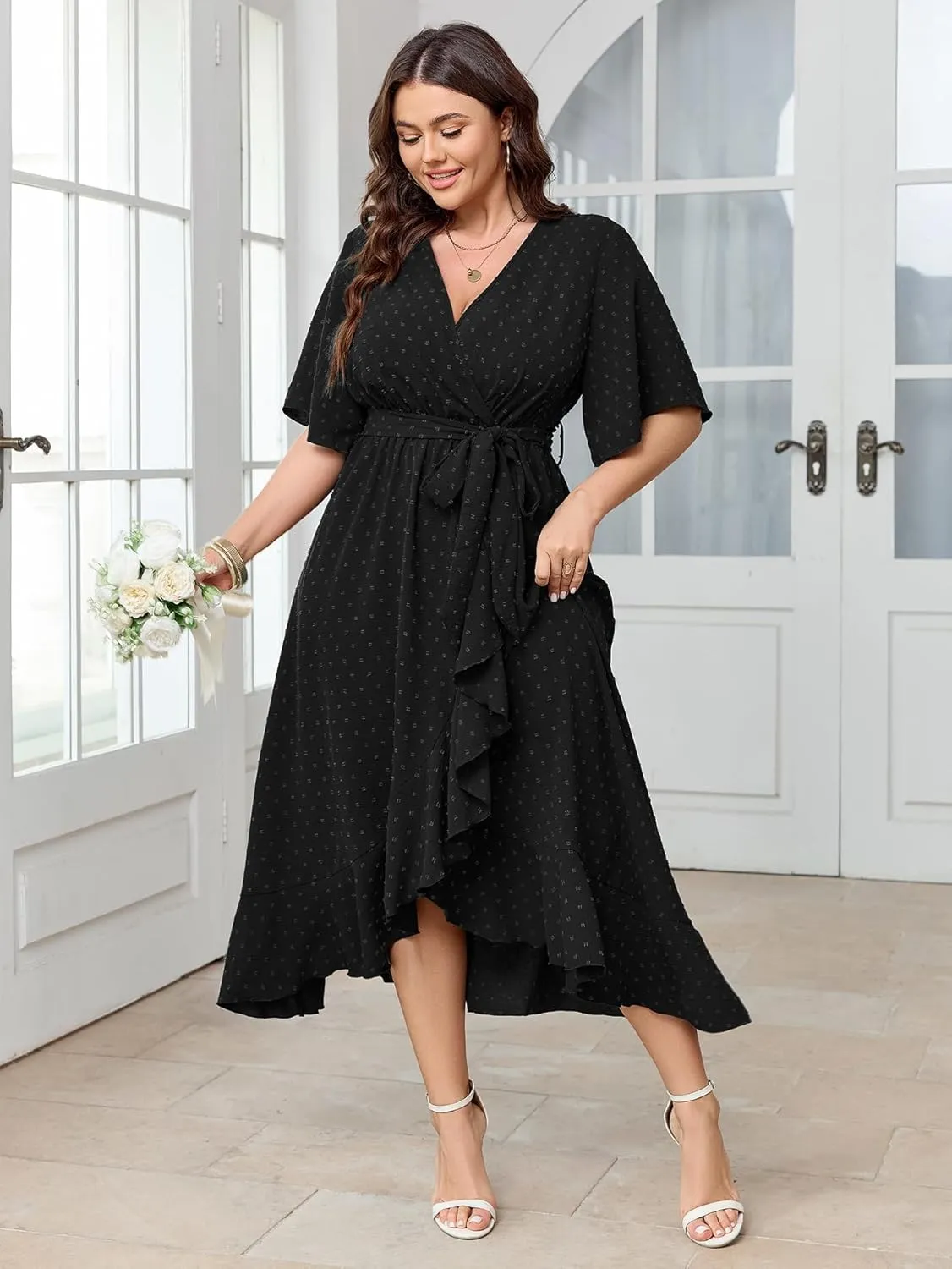 SCOMCHIC Women's Plus Size Summer Dresses Short Sleeve Wrap V Neck Swiss Dot Boho High Low Split Ruffle Maxi Dress