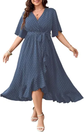 SCOMCHIC Women's Plus Size Summer Dresses Short Sleeve Wrap V Neck Swiss Dot Boho High Low Split Ruffle Maxi Dress