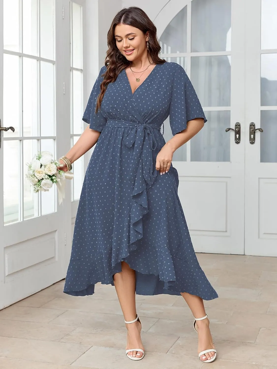 SCOMCHIC Women's Plus Size Summer Dresses Short Sleeve Wrap V Neck Swiss Dot Boho High Low Split Ruffle Maxi Dress