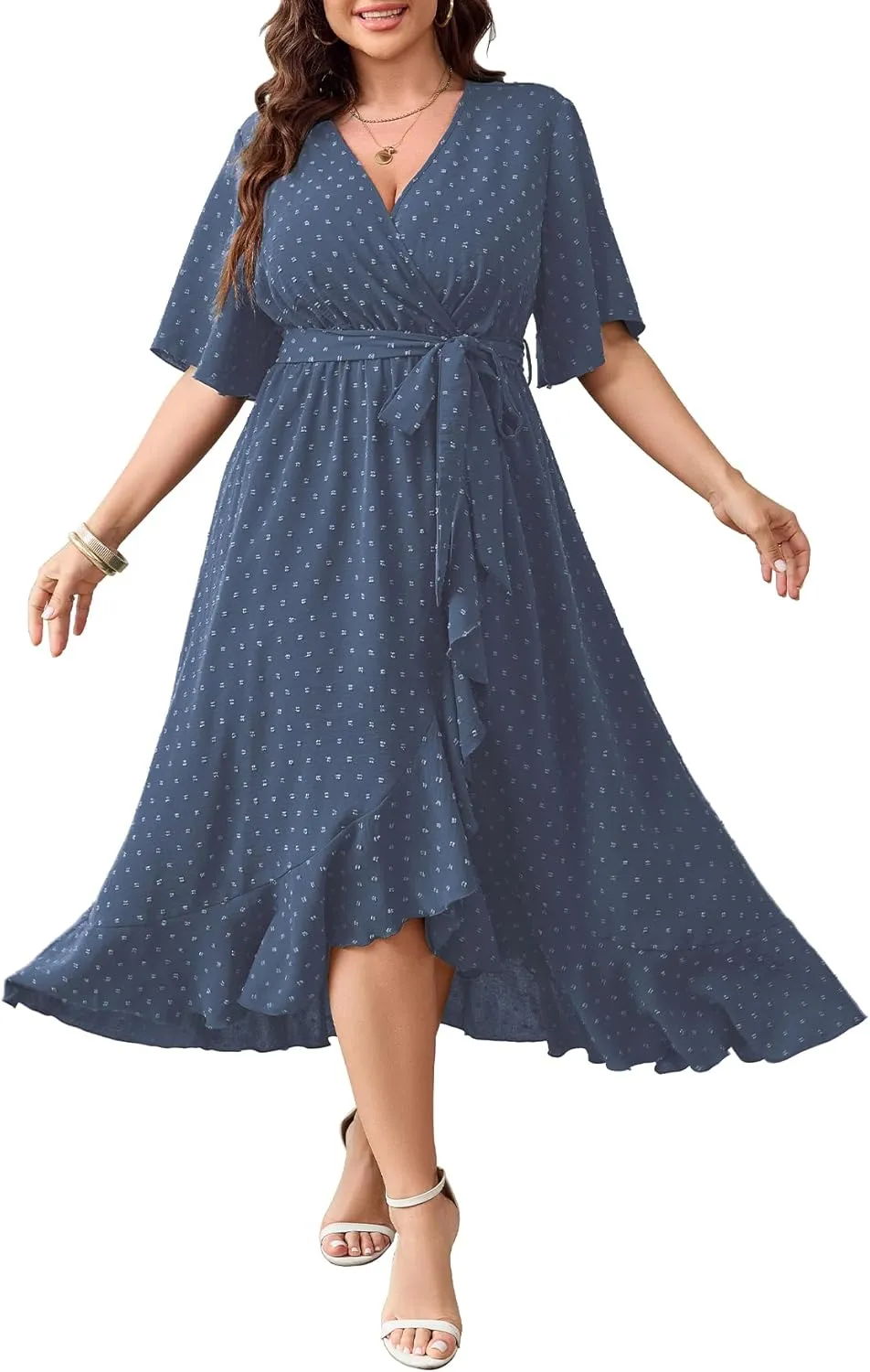 SCOMCHIC Women's Plus Size Summer Dresses Short Sleeve Wrap V Neck Swiss Dot Boho High Low Split Ruffle Maxi Dress