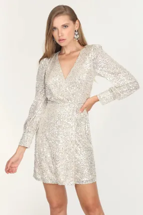 Silver Sequin Faux Wrap Dress