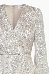 Silver Sequin Faux Wrap Dress