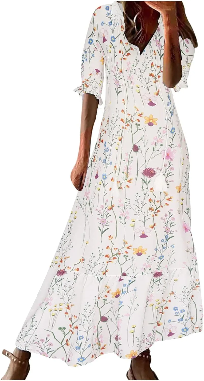 SMIDOW Womens Casual Spring Summer Boho Printed Dress V-Neck Three-Quarter Sleeve Dress A-Line Hide Belly Dress