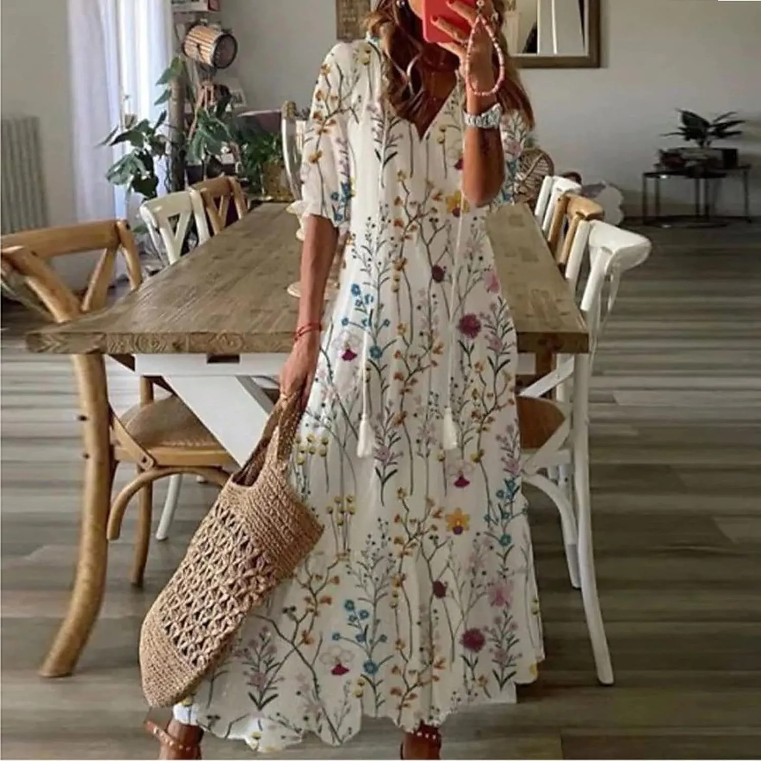 SMIDOW Womens Casual Spring Summer Boho Printed Dress V-Neck Three-Quarter Sleeve Dress A-Line Hide Belly Dress