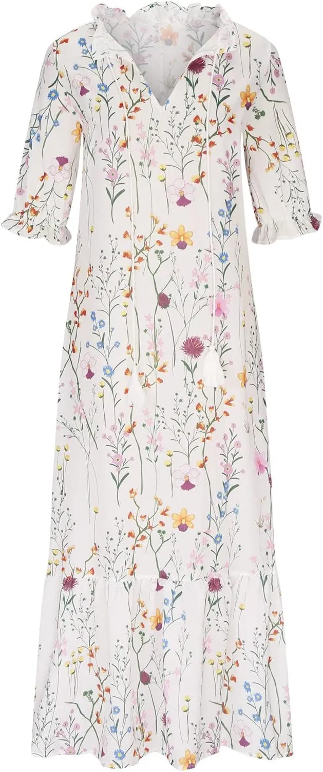 SMIDOW Womens Casual Spring Summer Boho Printed Dress V-Neck Three-Quarter Sleeve Dress A-Line Hide Belly Dress