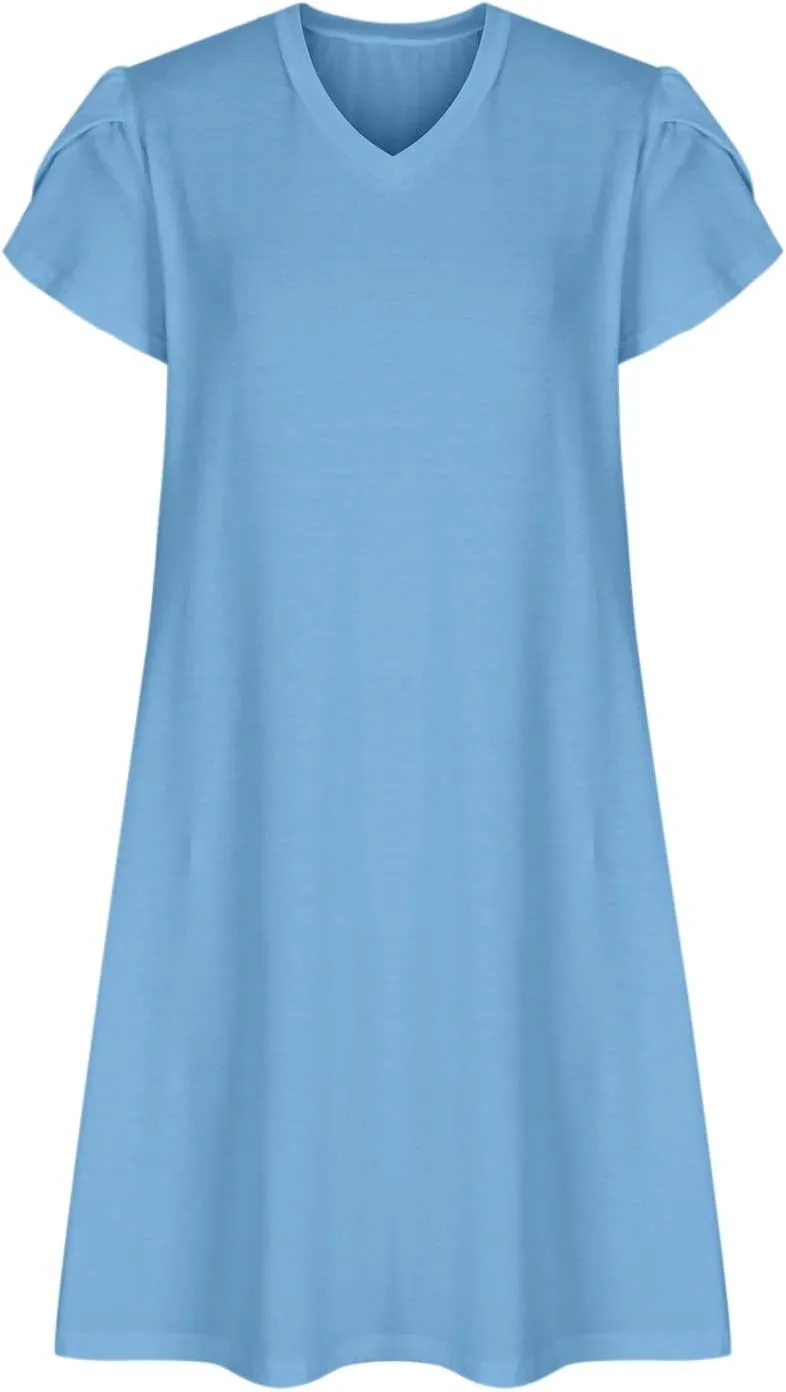 Summer Dresses for Women 2025 Short Sleeve V Neck Midi Dress Boho Beach Sundress Solid Color Casual Dress