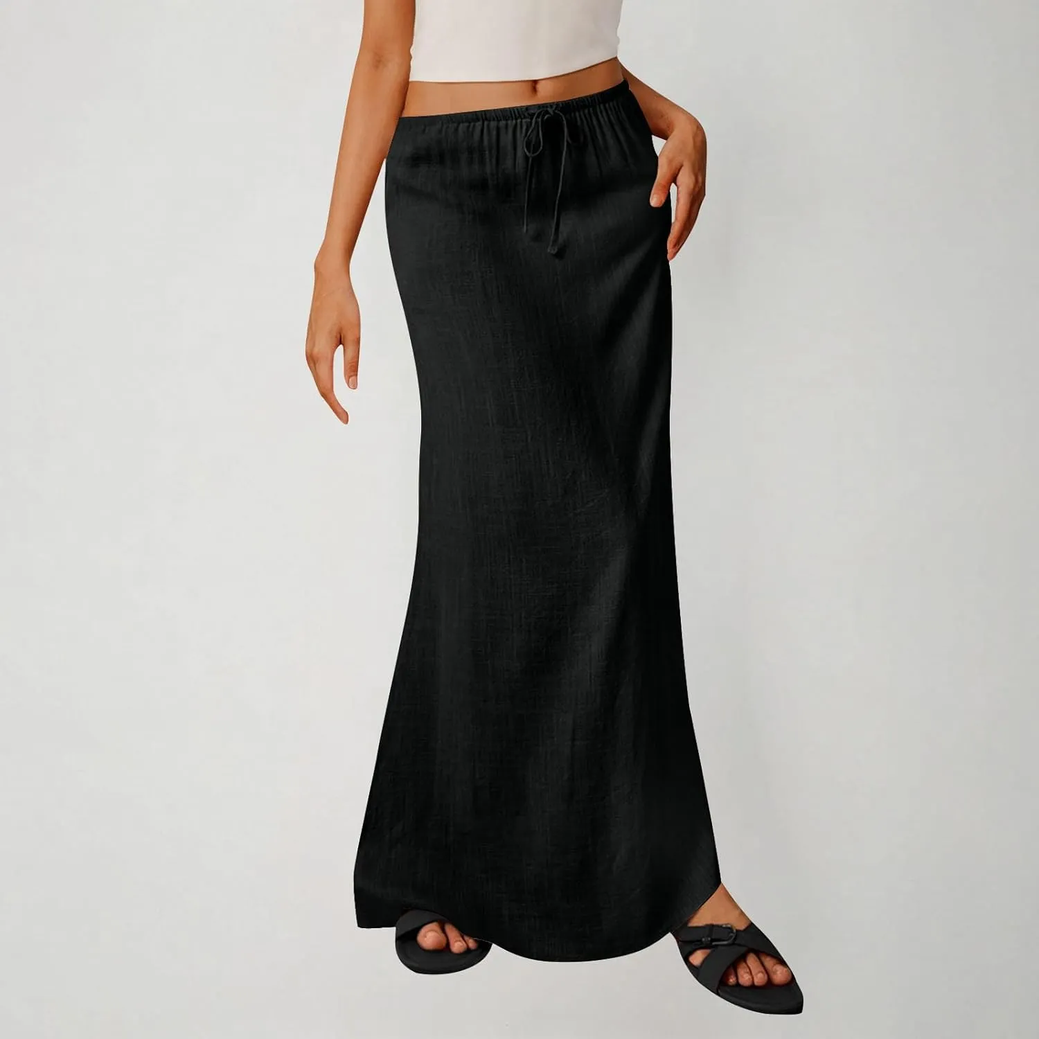 Summer Skirts for Women 2025 Casual Soft Drawstring Maxi Linen Skirt Vacation Travel Beach Long Skirt with Pockets