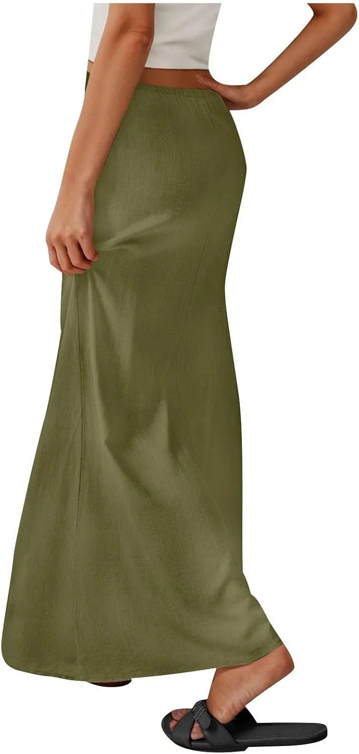 Summer Skirts for Women 2025 Casual Soft Drawstring Maxi Linen Skirt Vacation Travel Beach Long Skirt with Pockets
