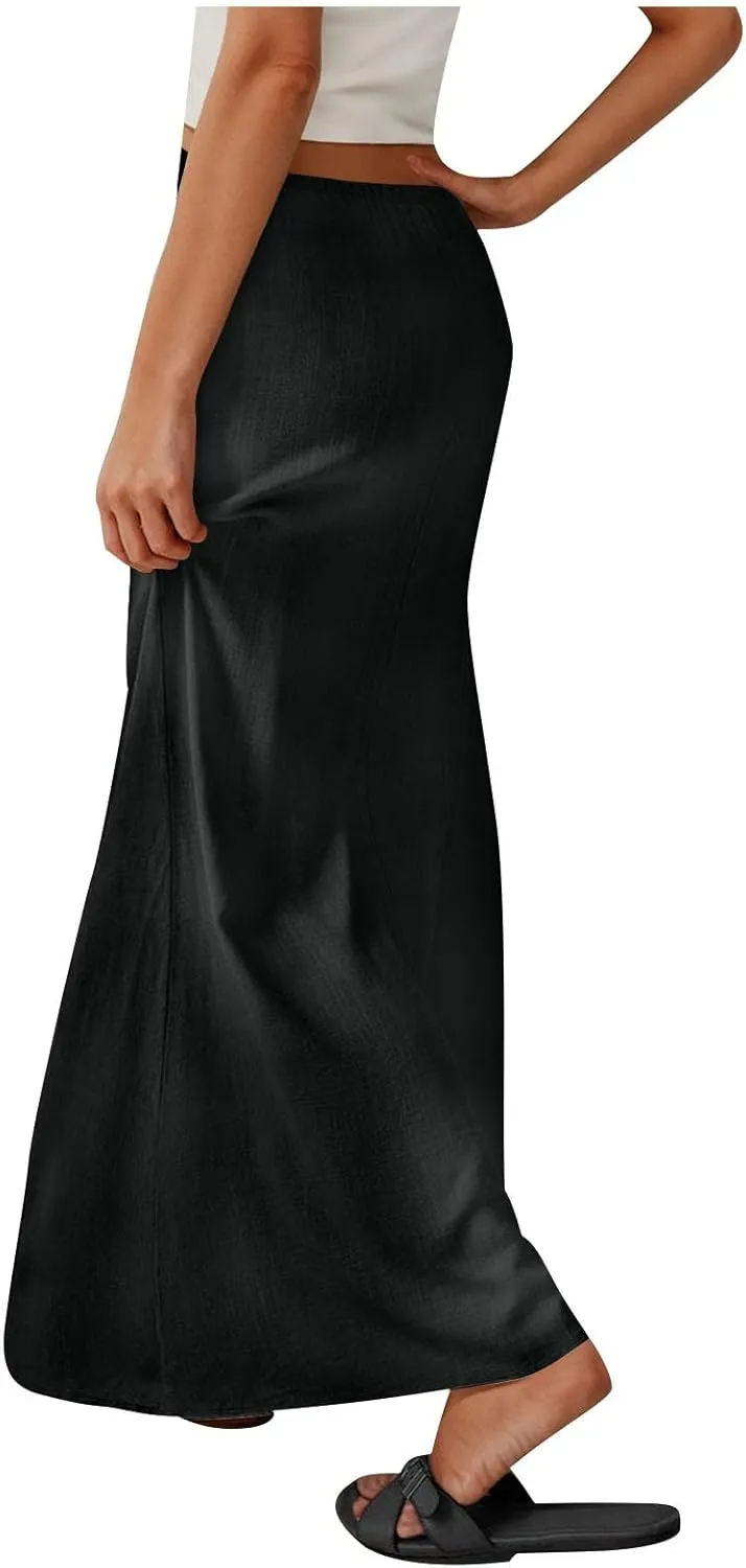 Summer Skirts for Women 2025 Casual Soft Drawstring Maxi Linen Skirt Vacation Travel Beach Long Skirt with Pockets