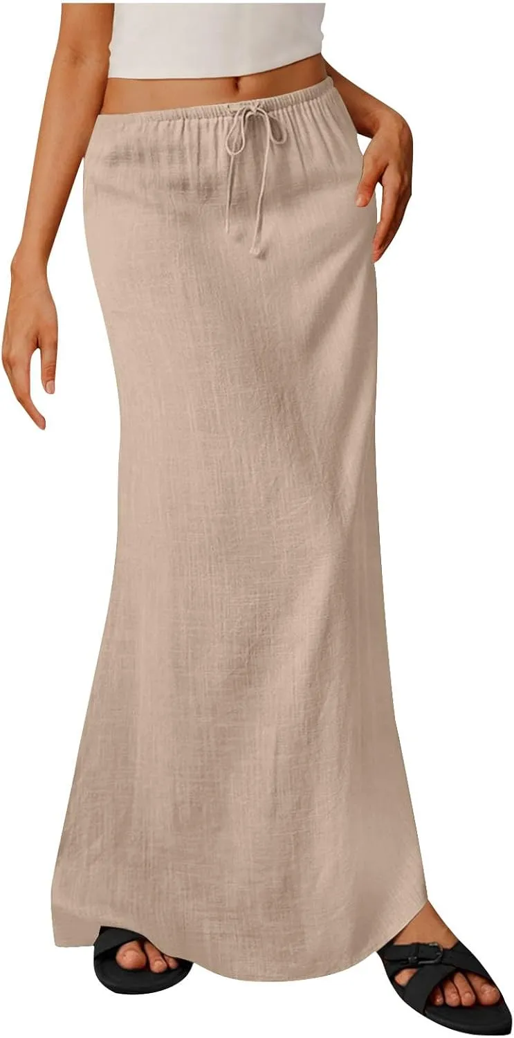 Summer Skirts for Women 2025 Casual Soft Drawstring Maxi Linen Skirt Vacation Travel Beach Long Skirt with Pockets