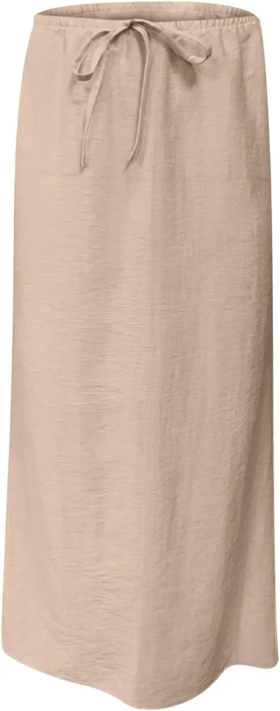 Summer Skirts for Women 2025 Casual Soft Drawstring Maxi Linen Skirt Vacation Travel Beach Long Skirt with Pockets
