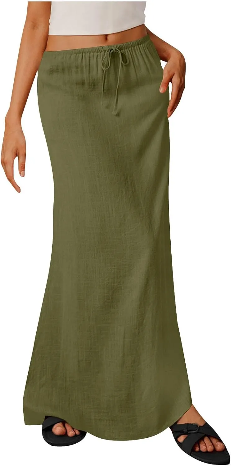 Summer Skirts for Women 2025 Casual Soft Drawstring Maxi Linen Skirt Vacation Travel Beach Long Skirt with Pockets