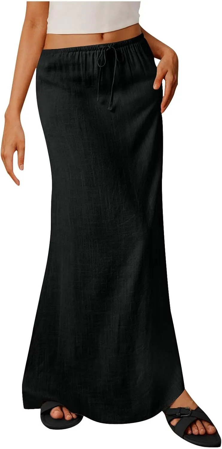 Summer Skirts for Women 2025 Casual Soft Drawstring Maxi Linen Skirt Vacation Travel Beach Long Skirt with Pockets