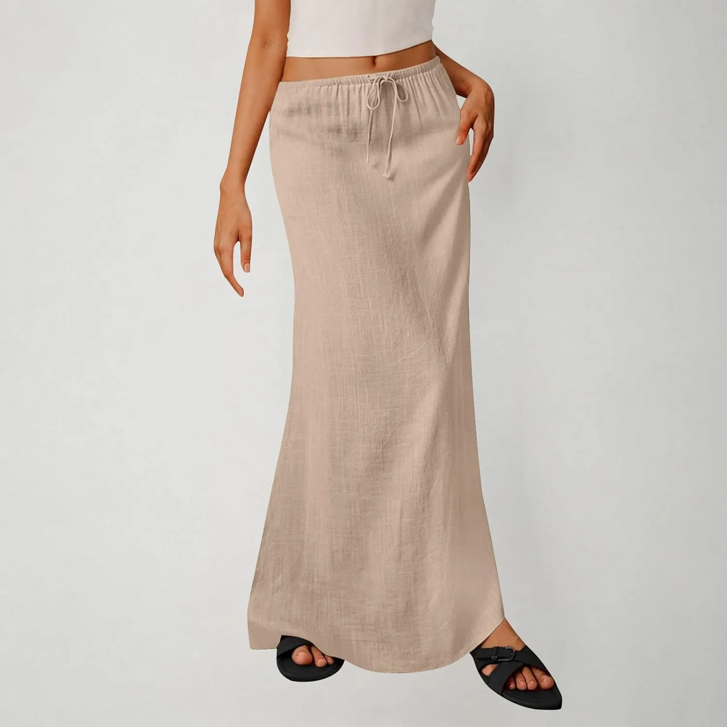 Summer Skirts for Women 2025 Casual Soft Drawstring Maxi Linen Skirt Vacation Travel Beach Long Skirt with Pockets