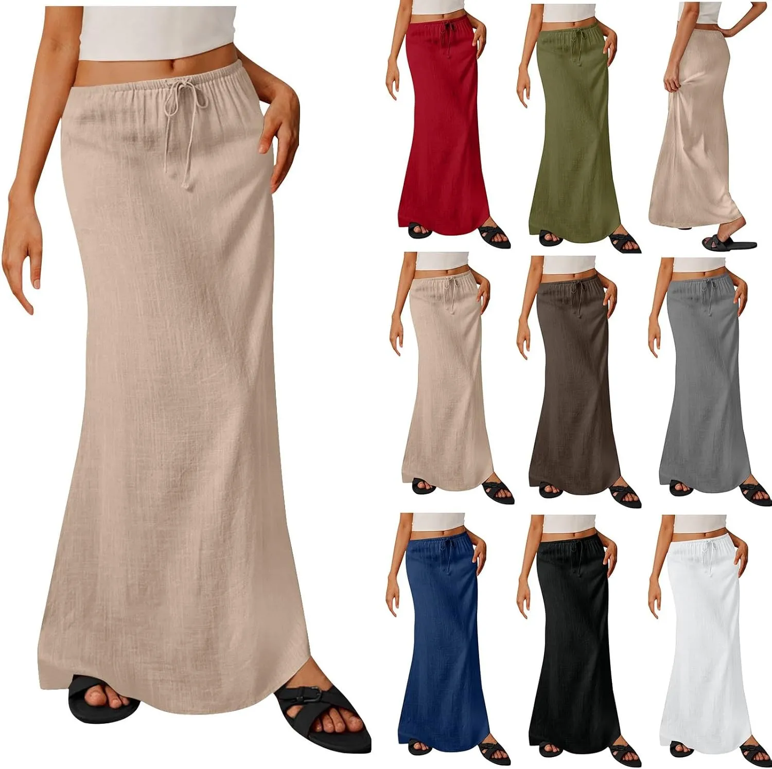Summer Skirts for Women 2025 Casual Soft Drawstring Maxi Linen Skirt Vacation Travel Beach Long Skirt with Pockets