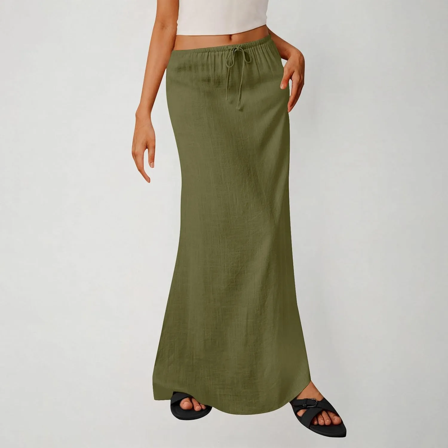 Summer Skirts for Women 2025 Casual Soft Drawstring Maxi Linen Skirt Vacation Travel Beach Long Skirt with Pockets