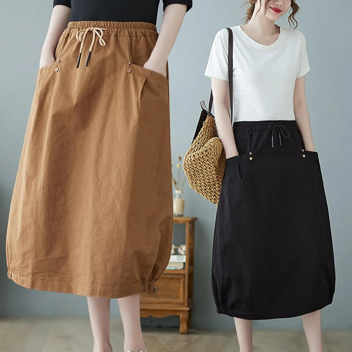 Summer Skirts for Women 2025 Trendy High Waisted Bubble Long Skirt Casual Soft Maxi Linen Skirt with Pockets