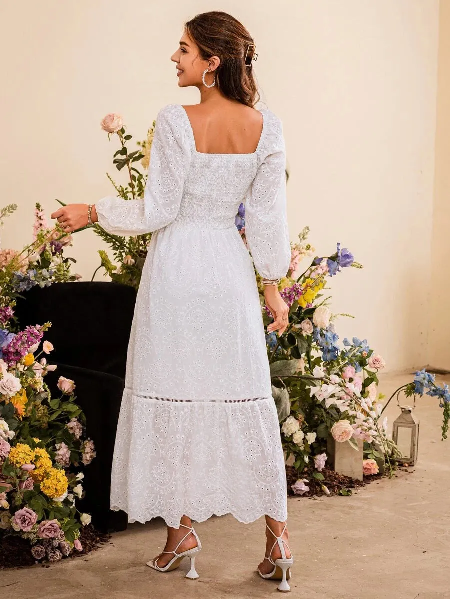 Thigh Slit Ring Embroidered Dress