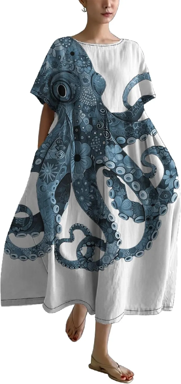 Trendy Octopus Maxi Summer Dress for Women Japanese Tentacle Printed Art Design Casual Crew Neck Dress