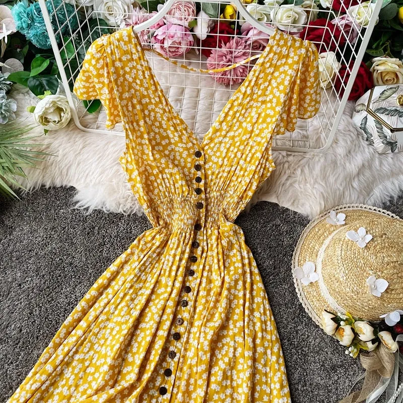 Vintage Dress, Boho Midi Dress,  Dress, Backless Dress, Blue Sky, Yellow and Red