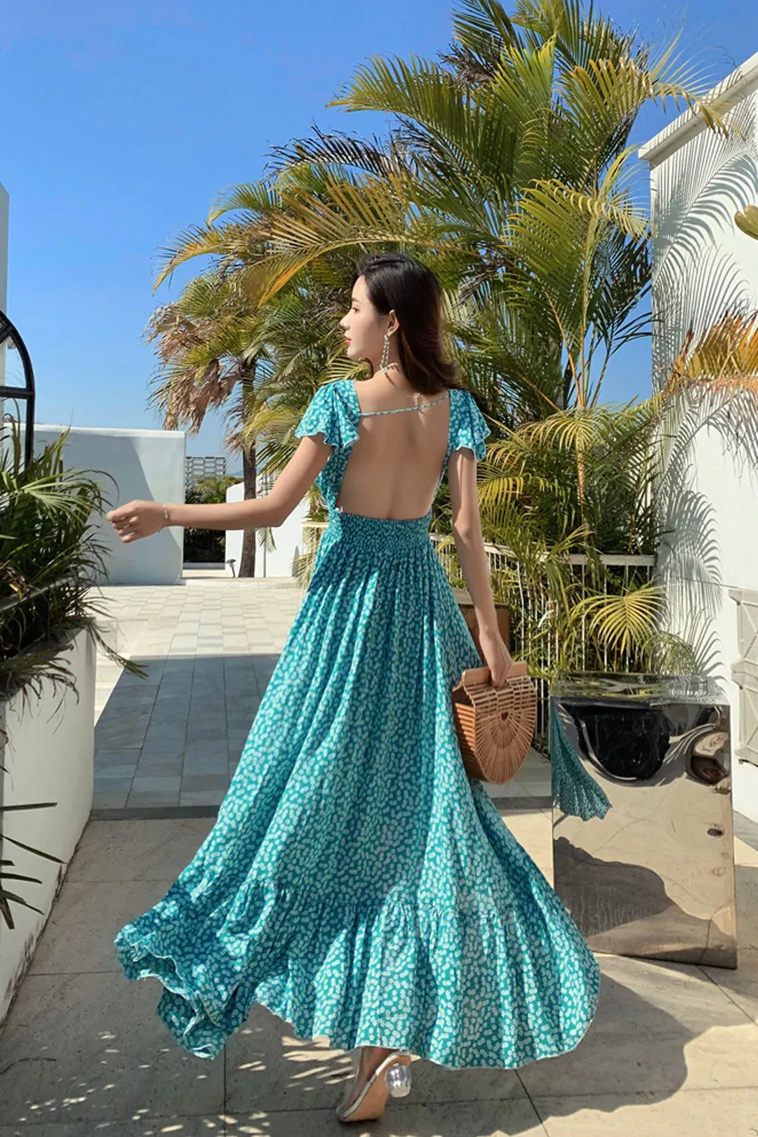 Vintage Dress, Boho Midi Dress,  Dress, Backless Dress, Blue Sky, Yellow and Red