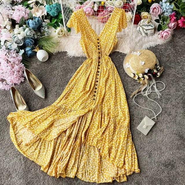 Vintage Dress, Boho Midi Dress,  Dress, Backless Dress, Blue Sky, Yellow and Red